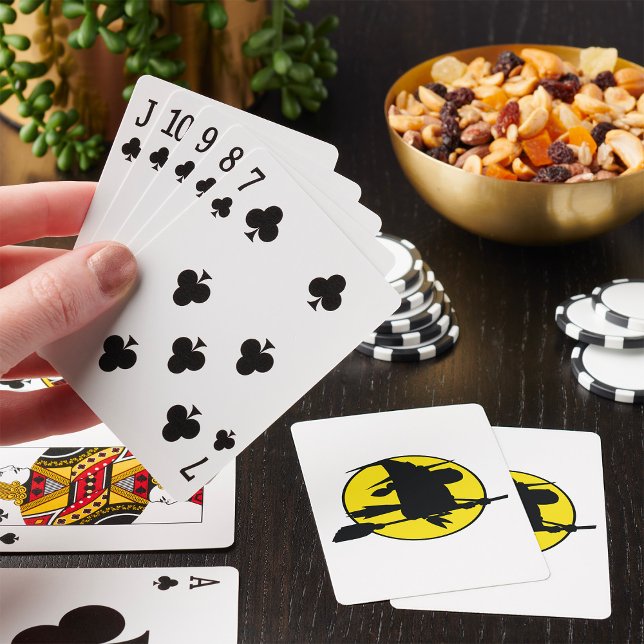 Witch Silhouette Flying on Broom Against Full Moon Playing Cards (Creator Uploaded)