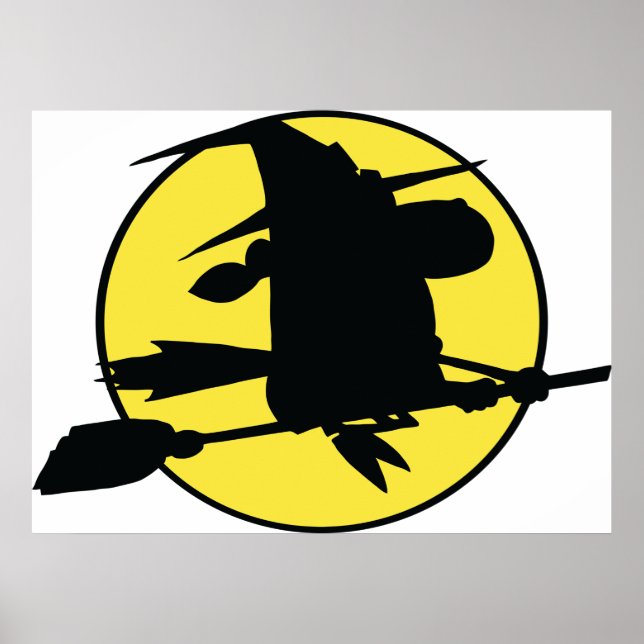 Witch Silhouette Flying on Broom Against Full Moon Poster (Front)