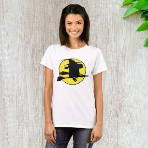 Witch Silhouette Flying on Broom Against Full Moon T-Shirt