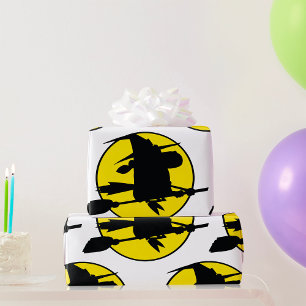 Witch Silhouette Flying on Broom Against Full Moon Wrapping Paper