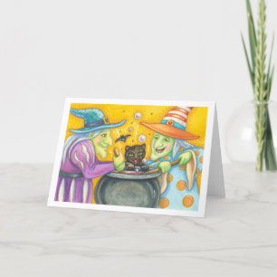 WITCH SISTERS AND BLACK CAT, Greeting Card Blank