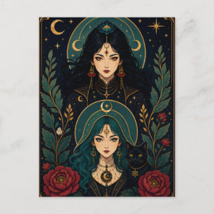 Witch Sisters and Cat Familiar Art Nouveau Tarot Postcard