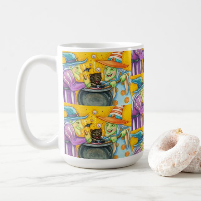 WITCH SISTERS, BLACK CAT & HALLOWEEN BREW COFFEE MUG (With Donut)