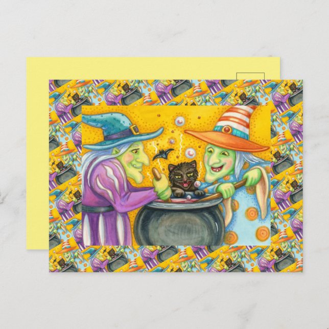 WITCH SISTERS, BLACK CAT & HALLOWEEN BREW HOLIDAY POSTCARD (Front/Back)