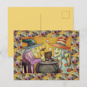 WITCH SISTERS, BLACK CAT & HALLOWEEN BREW HOLIDAY POSTCARD