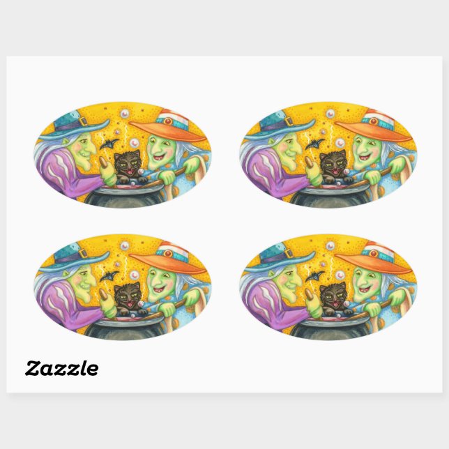WITCH SISTERS, BLACK CAT & HALLOWEEN BREW OVAL STICKER (Sheet)