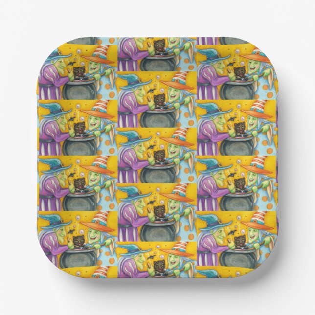 WITCH SISTERS, BLACK CAT & HALLOWEEN BREW PAPER PLATE (Front)