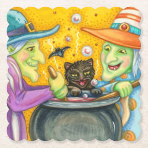 WITCH SISTERS, BLACK CAT & HALLOWEEN BREW SQUARE PAPER COASTER