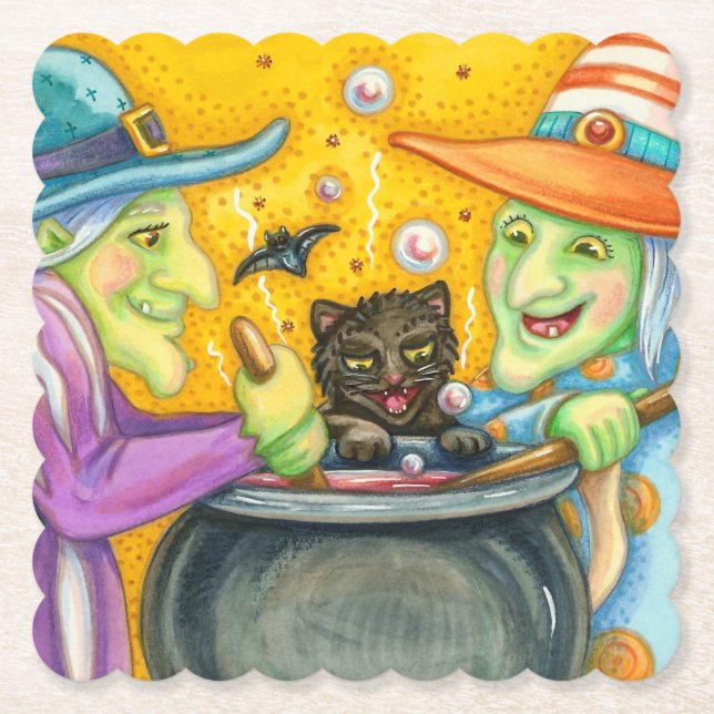 WITCH SISTERS, BLACK CAT & HALLOWEEN BREW SQUARE PAPER COASTER (Front)