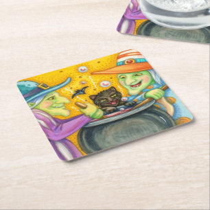 WITCH SISTERS, BLACK CAT & HALLOWEEN BREW SQUARE PAPER COASTER