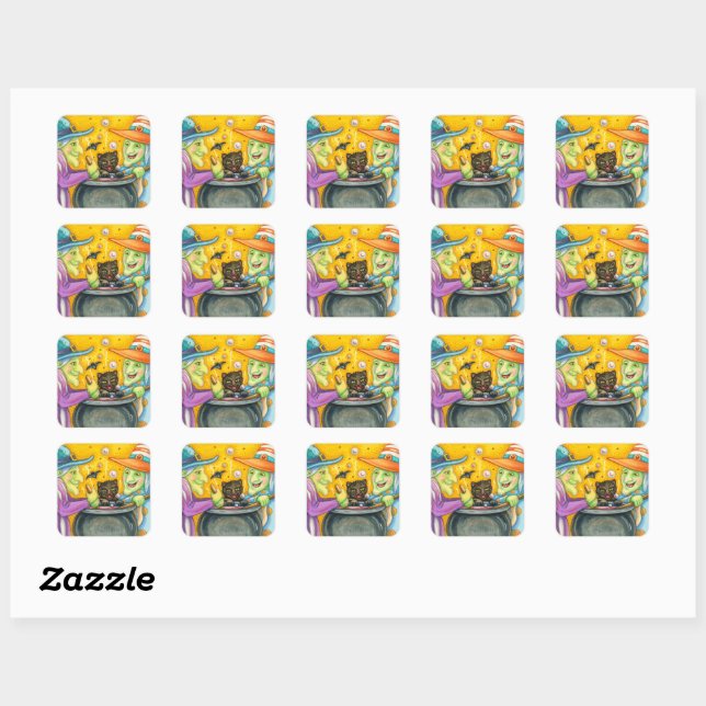WITCH SISTERS, BLACK CAT & HALLOWEEN BREW SQUARE STICKER (Sheet)