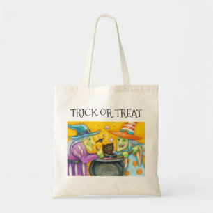 WITCH SISTERS, BLACK CAT, HALLOWEEN TRICK OR TREAT TOTE BAG