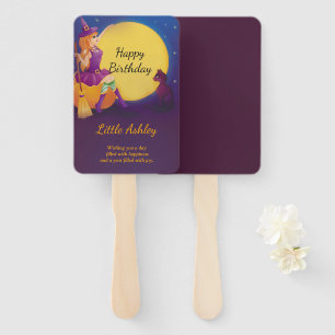 witch sitting on pumpkin with cat  birthday hand fan