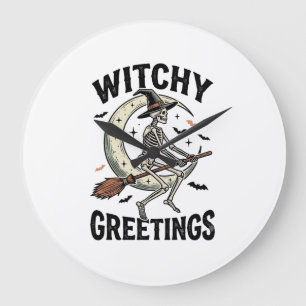 Witch Skeleton Graphic Witchy Greetings Vintage Ha Large Clock