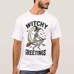 Witch Skeleton Graphic Witchy Greetings Vintage Ha T-Shirt