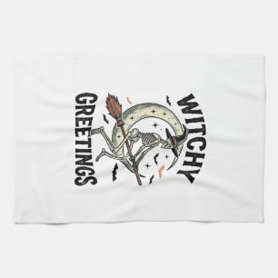 Witch Skeleton Graphic Witchy Greetings Vintage Ha Tea Towel