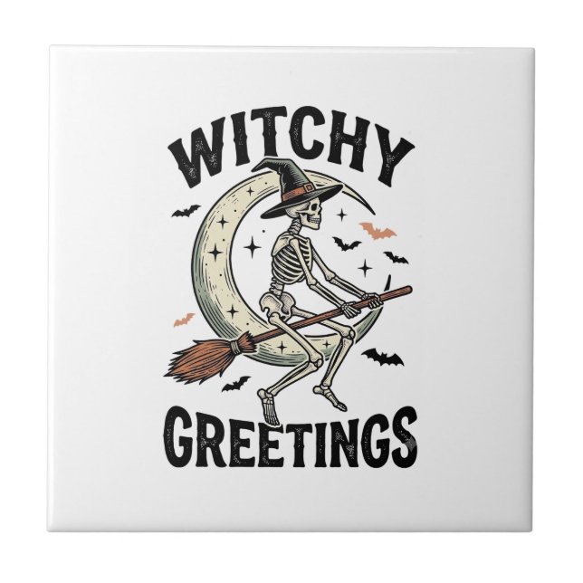 Witch Skeleton Graphic Witchy Greetings Vintage Ha Tile (Front)