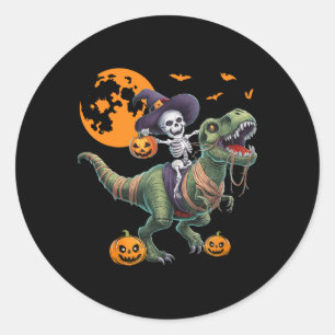 Witch Skeleton Riding Dinosaur T Rex Halloween Fun Classic Round Sticker