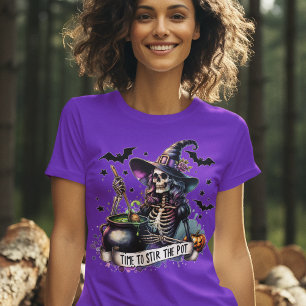 Witch Skeleton Stirring the Cauldron Halloween T-Shirt