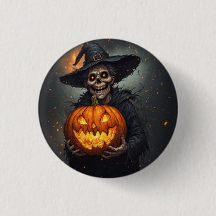Witch Skeleton With Glowing Pumpkin Halloween 🎃 3 Cm Round Badge