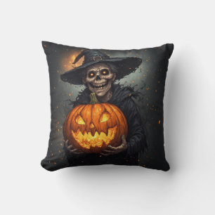 Witch Skeleton With Glowing Pumpkin Halloween 🎃 Cushion