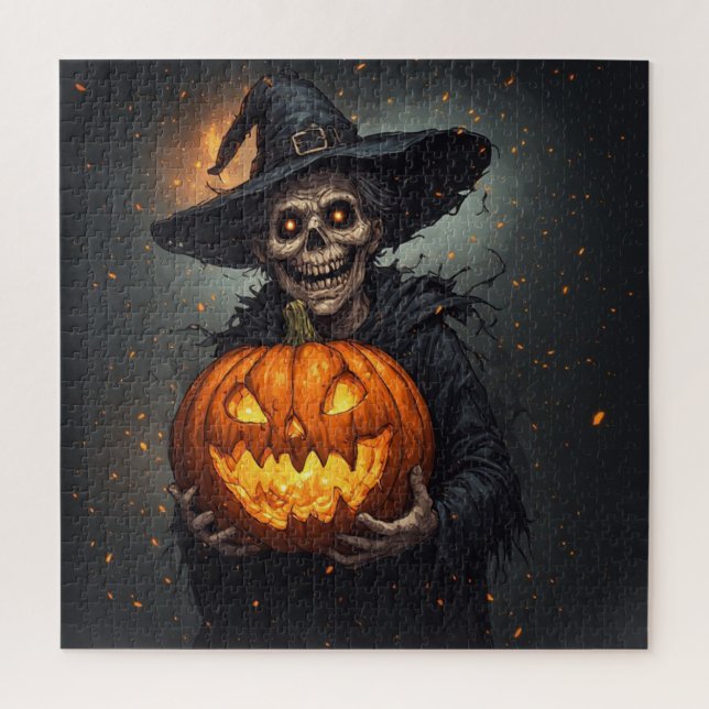 Witch Skeleton With Glowing Pumpkin Halloween 🎃 Jigsaw Puzzle (Vertical)