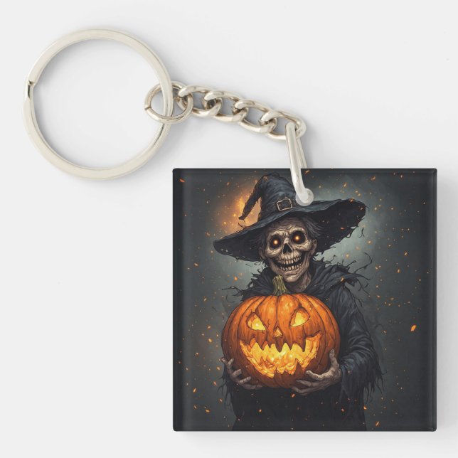 Witch Skeleton With Glowing Pumpkin Halloween 🎃 Key Ring (Front)