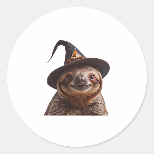 Witch Sloth Halloween trick or treat spooky pumpki Classic Round Sticker (Front)