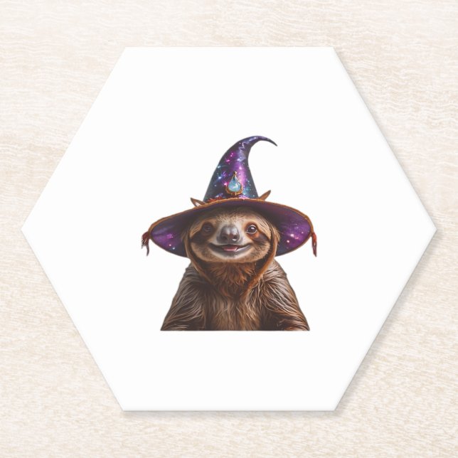 Witch Sloth Halloween trick or treat spooky pumpki Paper Coaster (Front)