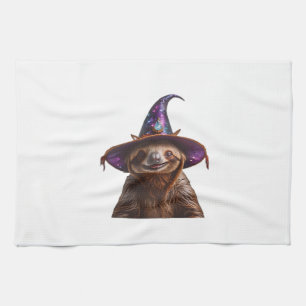 Witch Sloth Halloween trick or treat spooky pumpki Tea Towel