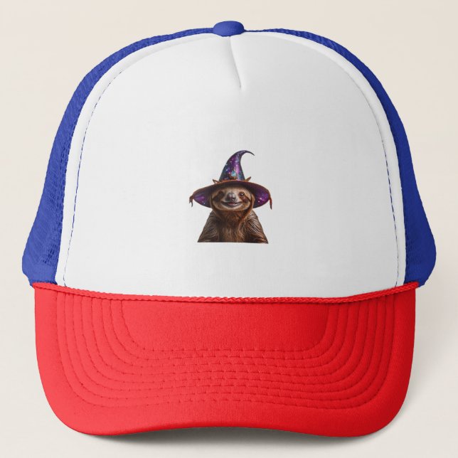 Witch Sloth Halloween trick or treat spooky pumpki Trucker Hat (Front)