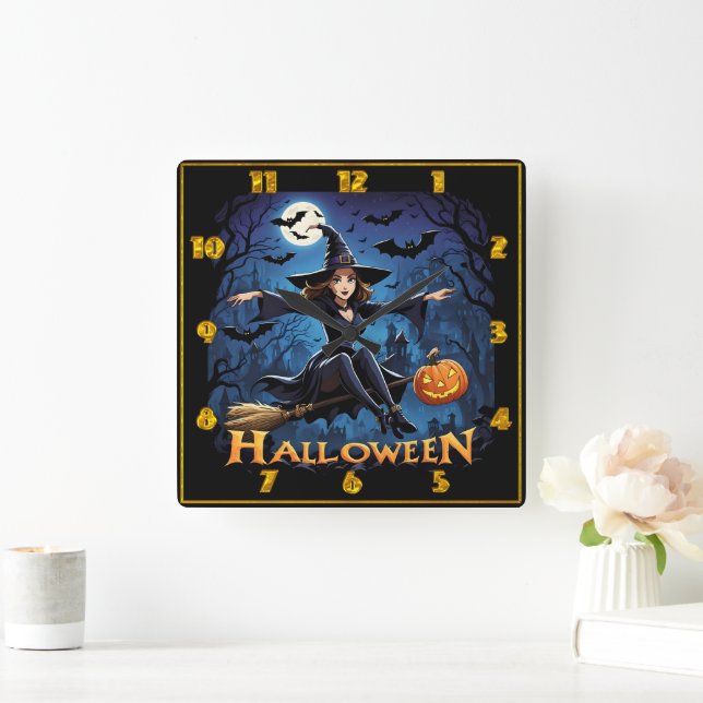 Witch soars over haunted town on Halloween Square Wall Clock (Home)
