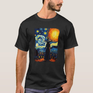Witch Starry Night Van Gogh Aesthetic Halloween Co T-Shirt