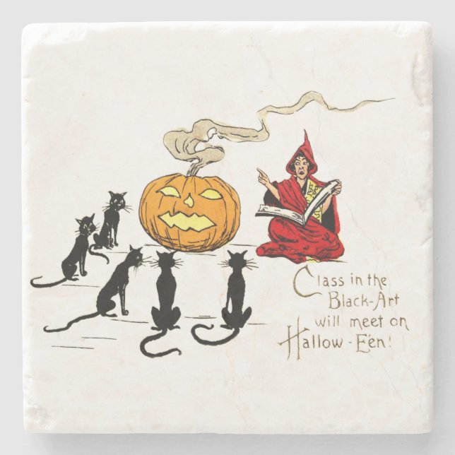 Witch Teaching Black Cat Jack O' Lantern Stone Coaster (Front)
