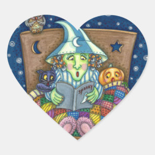 WITCH TELLING SPOOKY BEDTIME STORIES, HALLOWEEN HEART STICKER