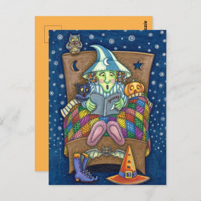 WITCH TELLING SPOOKY BEDTIME STORIES, HALLOWEEN POSTCARD (Front/Back)