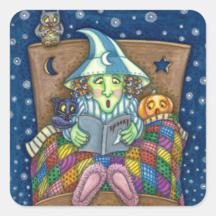 WITCH TELLING SPOOKY BEDTIME STORIES, HALLOWEEN SQUARE STICKER