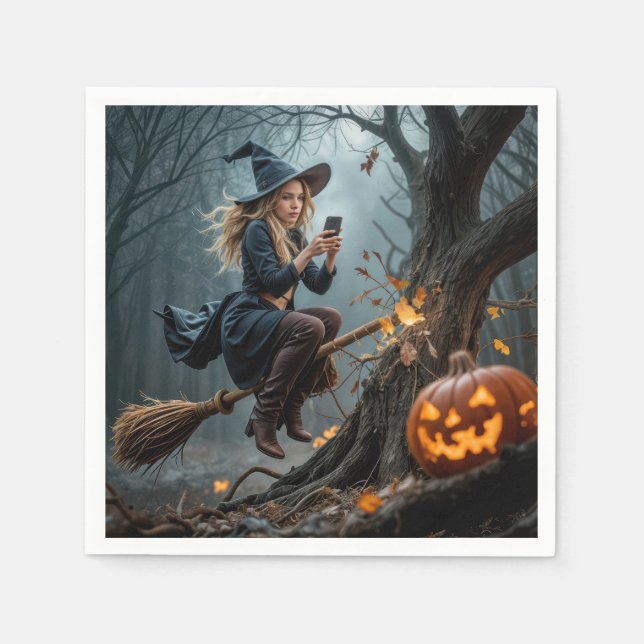 Witch Texting While Flying On a Broom Napkin (Front)