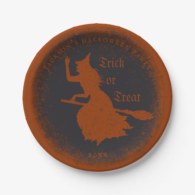 Witch Trick or Treat Halloween Grunge Illustration Paper Plate (Front)