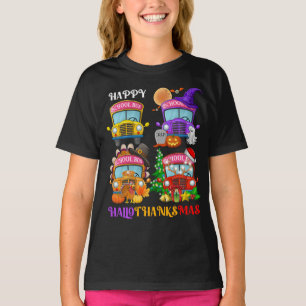 Witch Turkey Santa School Bus Happy HalloThanksMas T-Shirt