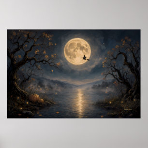 Witch Under Full Moon Gothic Halloween Lake Poster