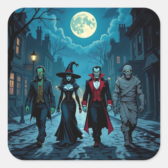 Witch, Vampire, Dracula and Mummy Halloween Party Square Sticker (Front)