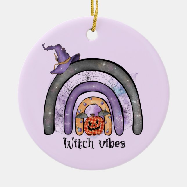 Witch Vibes – Black Rainbow, Purple Witch Hat Ceramic Tree Decoration (Front)