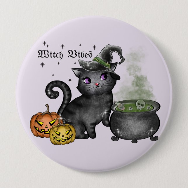 Witch Vibes – Cute Black Cat with Cauldron 10 Cm Round Badge (Front)