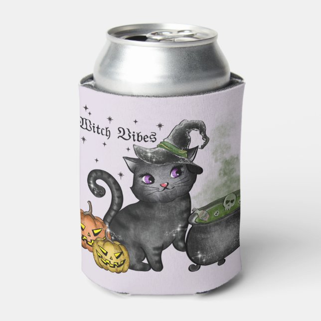 Witch Vibes – Cute Black Cat with Cauldron Can Cooler (Can Front)