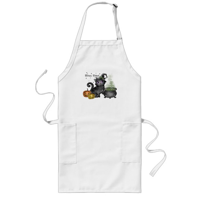 Witch Vibes – Cute Black Cat with Cauldron Long Apron (Front)