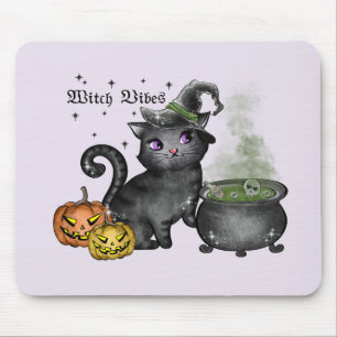 Witch Vibes – Cute Black Cat with Cauldron Mouse Mat