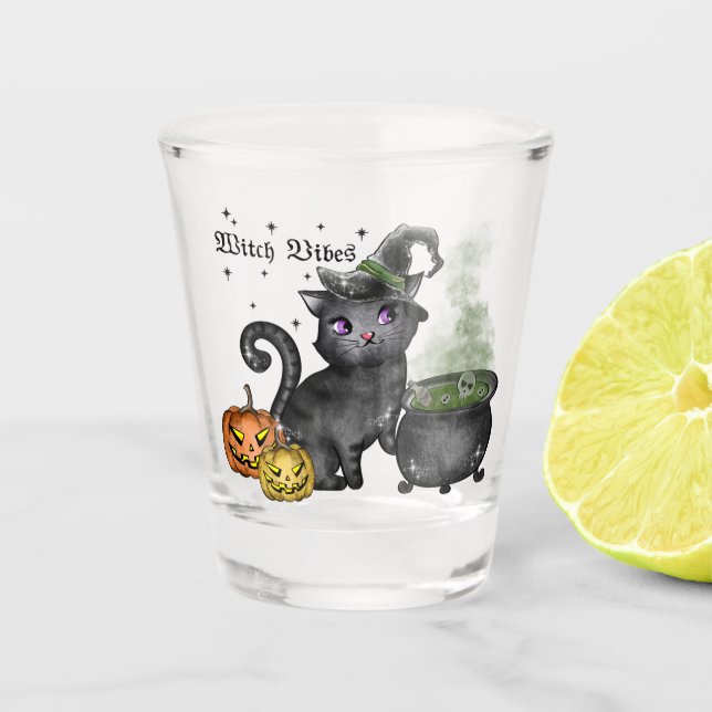 Witch Vibes – Cute Black Cat with Cauldron Shot Glass (Front)