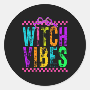 Witch Vibes Halloween Neon Checkered Bow Classic Round Sticker