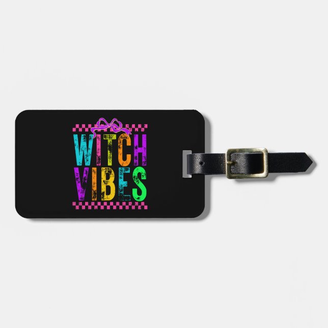 Witch Vibes Halloween Neon Checkered Bow Luggage Tag (Front Horizontal)